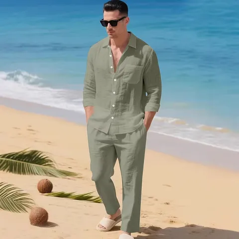 Ensemble Deux Pièces Décontracté en Mélange de Lin pour Hommes Chemise à Manches Longues et Pantalon Coupe Ample Uni