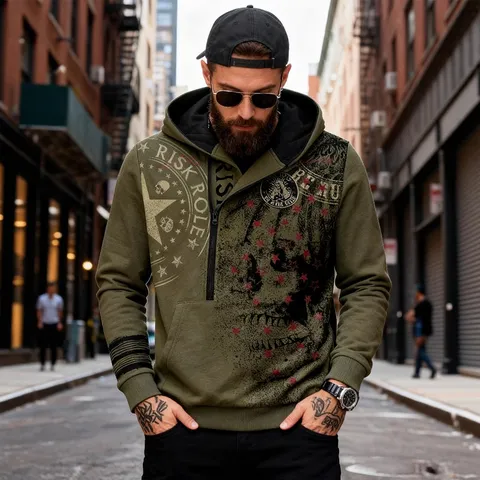 Herren Lässig Sport Langarm Kapuzenpullover Grafisch Totenkopf Buchstabe Druck Halb Zip Tasche Fleece Pullover Oberteil
