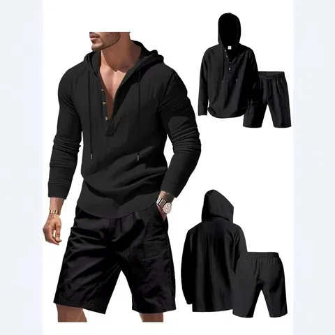 Hommes Décontracté Mélange de Lin Capuche Manches Longues Henley Chemise Et Short Ensemble Plage Été Haut Et Bas
