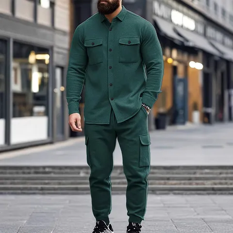 Men's Fleece Lined Cargo Jacket And Pants Top And Bottom American Vintage Casual Long Sleeve Turn Down Collar Winter