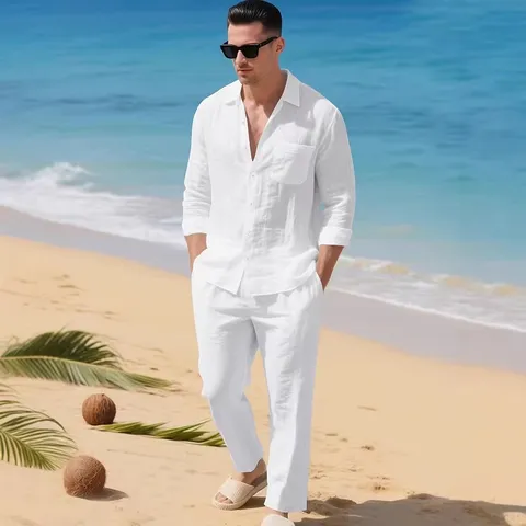 Ensemble Deux Pièces Décontracté en Mélange de Lin pour Hommes Chemise à Manches Longues et Pantalon Coupe Ample Uni