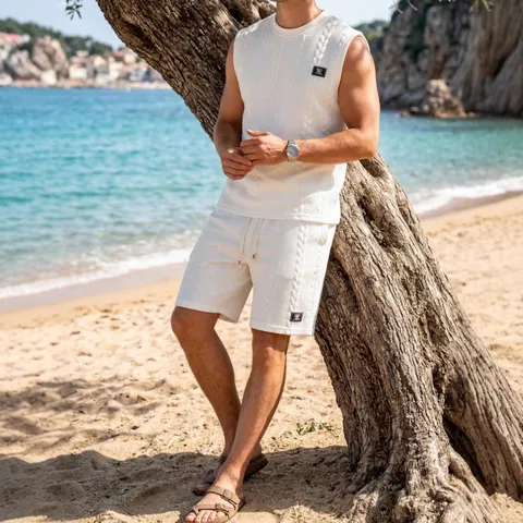 Completo Casual da Uomo Canotta e Pantaloncini in Maglia Jacquard Abbigliamento Sportivo Estivo