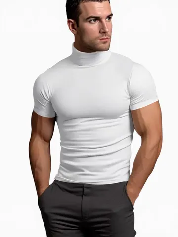 T-Shirt de Compression Sportif pour Hommes Manches Courtes Col Montant Slim Fit Évacuation de l'Humidité Top de Gym