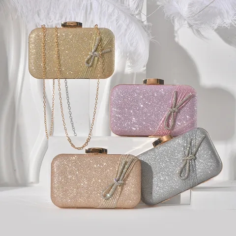 Women Evening Bag Rhinestone Bow Metallic Clutch Shiny Sequin Party Handbag Elegant Wedding Prom Shoulder Chain Bag
