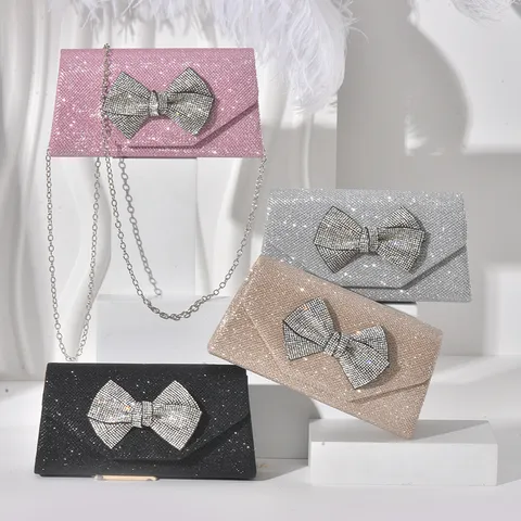 Women Glitter Rhinestone Bowknot Evening Bag Luxury Sequins Chain Crossbody Shoulder Bag Square Handbag For Party Banquet