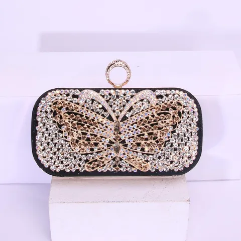 Damen Strass Schmetterling Abend Clutch Tasche Retro Glitzernde Hochzeit Party Handtasche Metall Ring Griff Geldbörse Gold Schwarz
