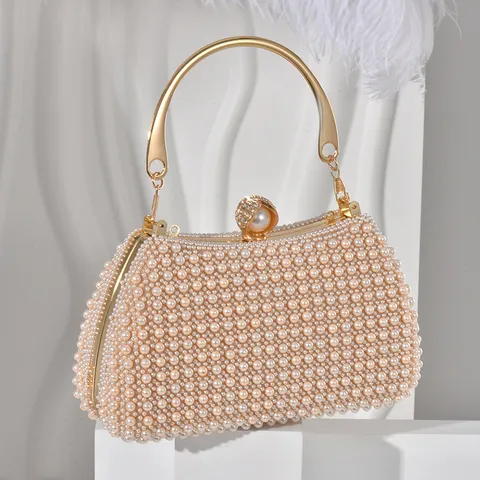 Women Vintage Evening Bag PU Leather Artificial Pearl Luxury Handbag Banquet Clutch Purse With Metal Handle