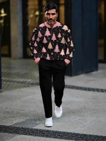 Sudadera de Cuello Alto y Pantalón de Navidad para Hombre Top y Pantalón Estampado de Árbol Festivo