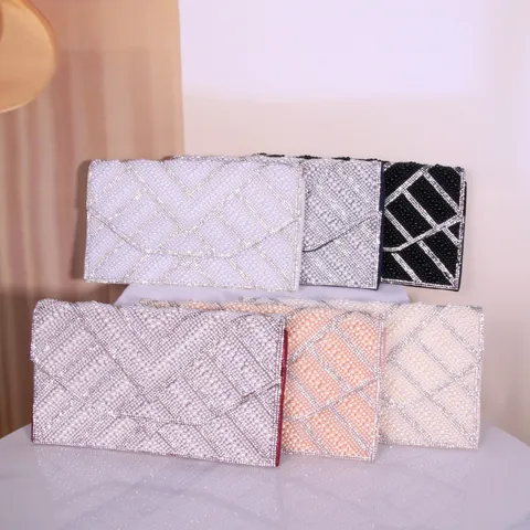 Women Rhinestone Pearl Evening Bag Elegant Geometric Envelope Clutch Purse Wedding Party Shimmer Handbag