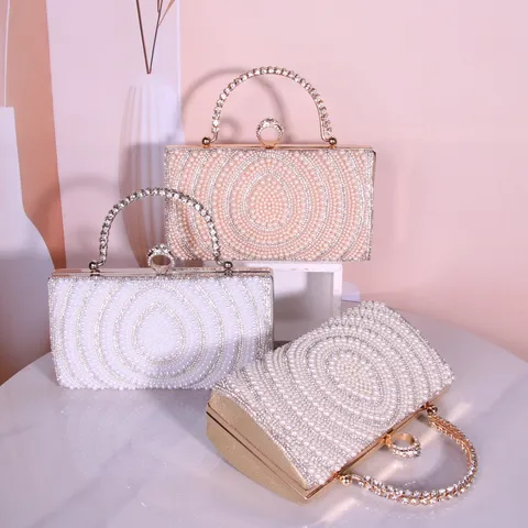 Élégant Sac de Soirée en Perles et Strass Femmes Luxe Cadre en Métal Pochette Sac à Main Mariage Banquet Fête
