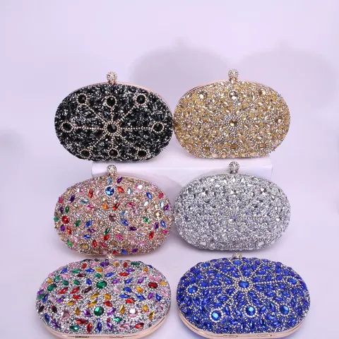 Sac de Soirée Mode pour Femmes Ovale Strass Pochette Porte-Monnaie Vintage Banquet Fête Sac à Main Avec Cadre Métallique