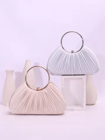 Women's Evening Bag Pleated Satin Clutch Purse With Metal Ring Handle Elegant Party Wedding Handbag Apricot Silver