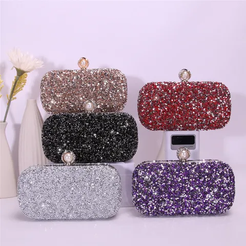 Womens Sparkling Rhinestone Evening Bag Pearl Lock Crossbody Bag Elegant Shoulder Party Bag Wedding Handbag