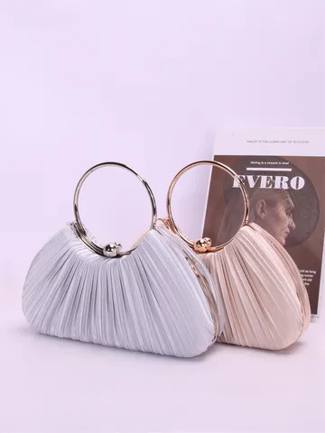Women's Evening Bag Pleated Satin Clutch Purse With Metal Ring Handle Elegant Party Wedding Handbag Apricot Silver