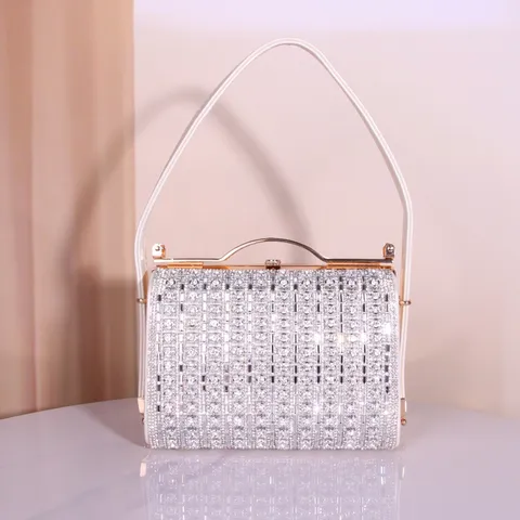 Femmes Vintage Strass Sac de Soirée Luxe Cristal Pochette Bandoulière Sac à Main Cadre Métallique Portefeuille de Mariage