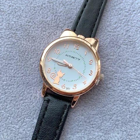 Cute Cat Ear Alloy Quartz Watch For Women Cartoon Kitten Design Leather Strap Round Analog Wristwatch Student Casual Decorative Watch
