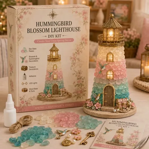 DIY Lighted Sea Glass Lighthouse Kit Wood Resin Coastal Christmas Halloween Handmade Craft Material Pack Decorative LED Lamp