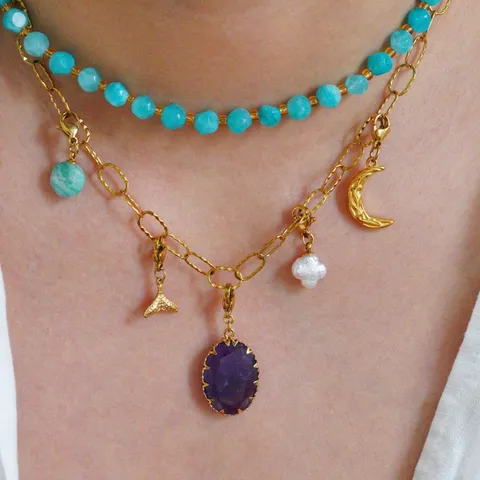 Luxus Resort Edelstahl Büroklammerkette Halskette für Damen Herren Geometrisch PVD Vergoldet Naturstein Künstliche Barockperle Anhänger DIY Choker Schmuck
