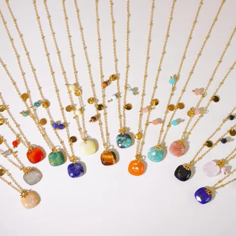 Natural Stone Twelve Birthstone Pendant Necklace 304 Stainless Steel Real Gold Plated Geometric Chain Necklace Jewelry For Women Unisex Gift
