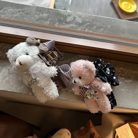 Französische Vintage Plüsch Bär Haarkralle Kariert Gepunktet Schleife Strass Künstliche Perle Shark Haarklemme Für Damen Schmuck