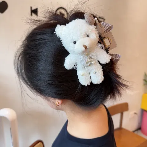 Französische Vintage Plüsch Bär Haarkralle Kariert Gepunktet Schleife Strass Künstliche Perle Shark Haarklemme Für Damen Schmuck