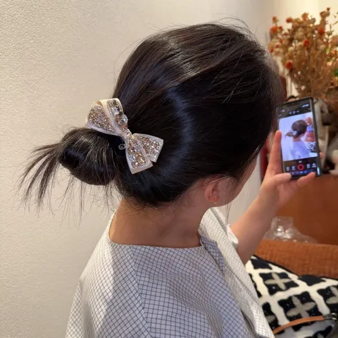 Hepburn Style Rhinestone Bowknot Hair Ring Elegant Black Champagne Bow Hair Tie Retro Hair Accessories For Women Wedding Party
