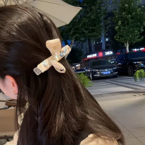 French Vintage Plaid Bow Hair Clip For Women Blue Brown Color Block Fabric Rhinestone Large Duckbill Duck Clip Sweet Hair Accessories