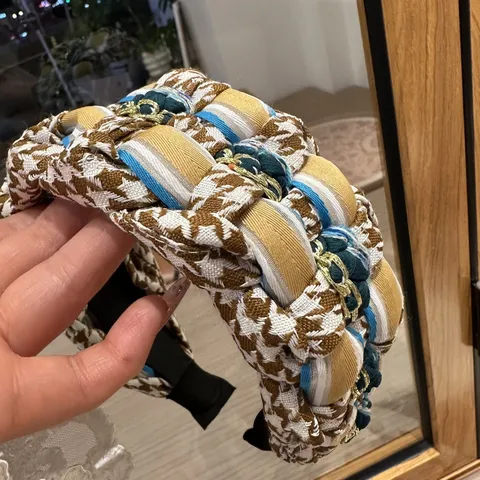 Diadema Ancha Trenzada De Pata De Gallo Retro Para Mujer Cadena De Metal Tela De Contraste Accesorios Para Cabello Otoño Invierno
