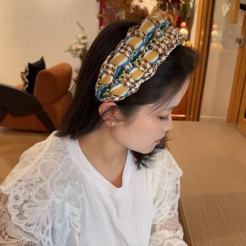 Diadema Ancha Trenzada De Pata De Gallo Retro Para Mujer Cadena De Metal Tela De Contraste Accesorios Para Cabello Otoño Invierno