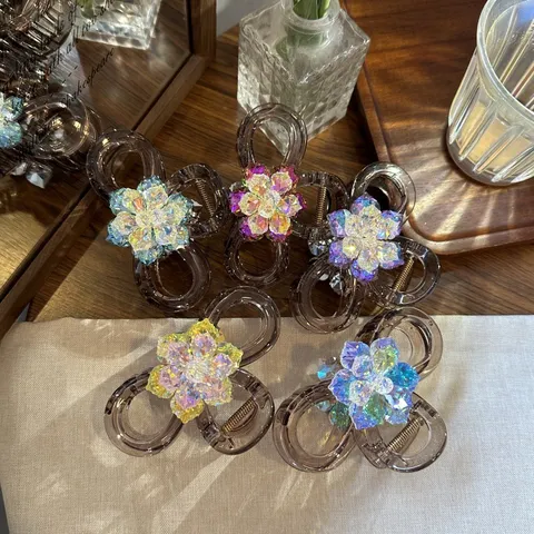 Pinza per Capelli Coreana con Fiocco e Strass Colorati per Donna Elegante Clip a Squalo in Resina Media Accessorio per Capelli Gioielli alla Moda