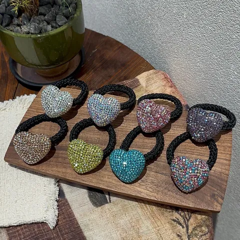 Korean Style Luxury Acrylic Rhinestone Heart Hair Ties High Elastic Hair Bands Shiny Crystal Pave Ponytail Holder For Women Fashion Hair Accessories