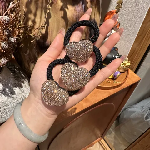 Korean Style Luxury Acrylic Rhinestone Heart Hair Ties High Elastic Hair Bands Shiny Crystal Pave Ponytail Holder For Women Fashion Hair Accessories