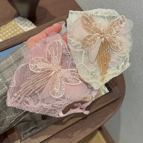 Luxury Polyester Mesh Lace Decorative Mask For Women Sequin Rhinestone Butterfly Veil Tassel Crystal Adjustable Half Face Mask Party Cosplay Jewelry
