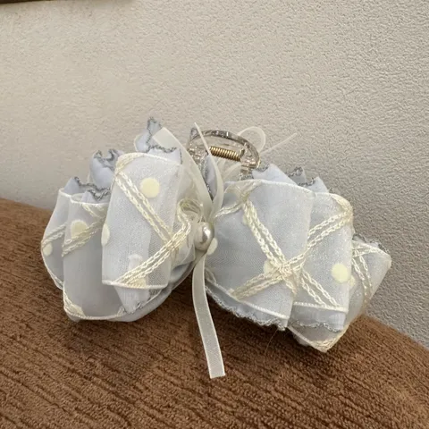 Eleganter Netz-Tüll Schleife Haarkralle Clip Mit Künstlichen Perlen Französisch Vintage Bestickte Punkte Große Haifischkralle Für Damen Haarschmuck