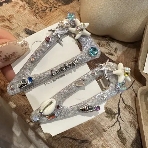 Korean Style Glitter Fabric Alloy Hair Clip Starfish Seashell Rhinestone Side Hairpins Sweet Vacation Headwear For Women Girls