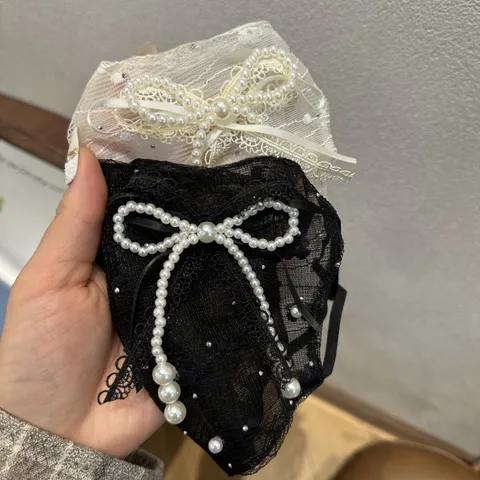 Elegant Lace Face Veil With Artificial Pearl Bowknot Decoration Sweet Sunshade Half Face Decorative Mask For Women Party