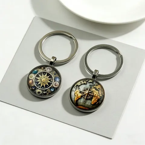 Vintage Universe Star Compass World Map Keychain Alloy Cabochon Key Ring Creative Bag Pendant Fashion Jewelry Gift