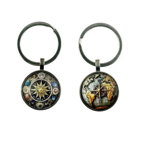 Vintage Universe Star Compass World Map Keychain Alloy Cabochon Key Ring Creative Bag Pendant Fashion Jewelry Gift