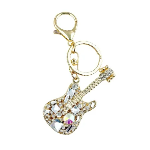 Creative Rhinestone Metal Guitar Keychain Alloy Car Key Ring Bag Pendant Fashion Purse Decoration Accessory Gift