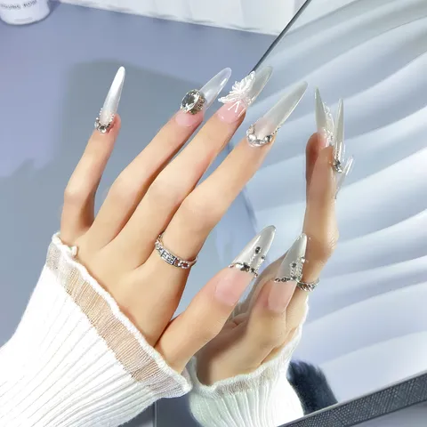 Uñas Postizas Hechas a Mano Extra Largas Stiletto Ojo de Gato Uñas Postizas Con Mariposa 3D Diamantes de Imitación Para Mujeres