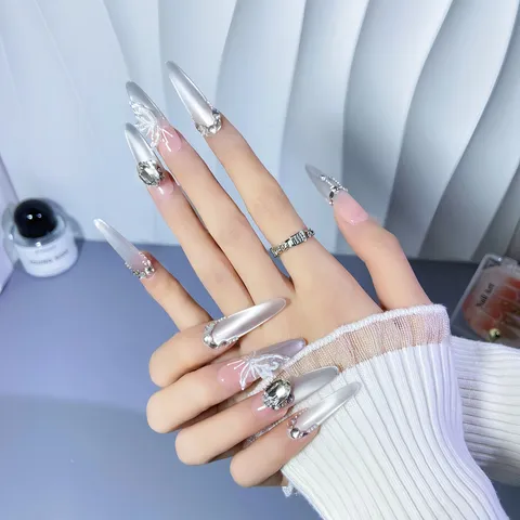Uñas Postizas Hechas a Mano Extra Largas Stiletto Ojo de Gato Uñas Postizas Con Mariposa 3D Diamantes de Imitación Para Mujeres