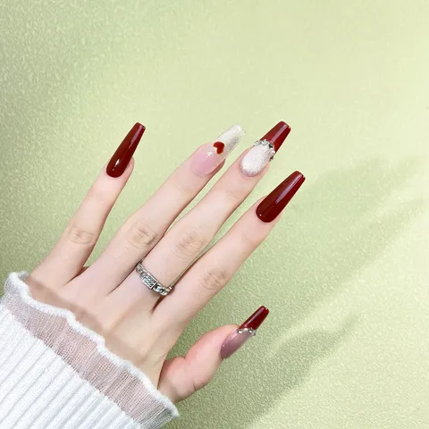 Uñas Postizas Largas Burdeos Hechas a Mano Corazón Strass Ojo de Gato Acrílico Falsas Uñas Con Kit de Herramientas