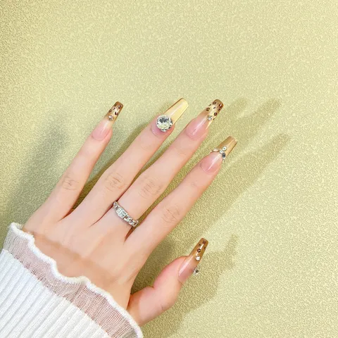 Uñas Postizas Press On con Estampado de Leopardo Champaña Ojo de Gato Strass Uñas Postizas Largas de Ataúd Uñas Acrílicas de Lujo para Mujer Manicura de Fiesta