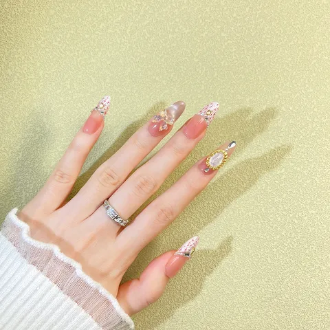 Uñas Postizas Hechas a Mano Lujo Ojo de Gato Cuadros Rosas Estrás Lazo Uñas Falsas Largas Ovaladas Coffin Stiletto Kit de Arte de Uñas Acrílicas Para Mujeres