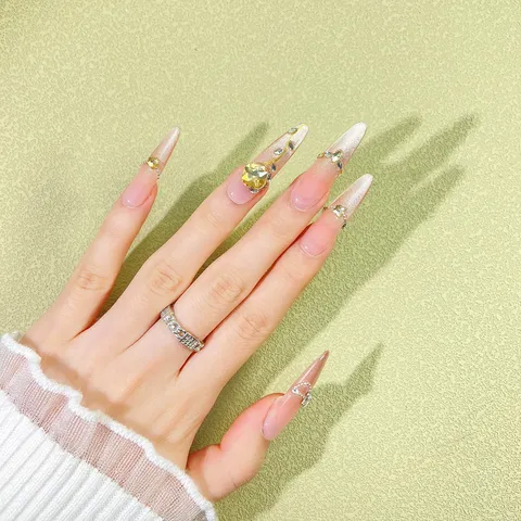 Uñas Postizas Gradient Ojo de Gato Hechas a Mano Juego de Uñas Falsas de Lujo con Cadena de Strass para Mujeres