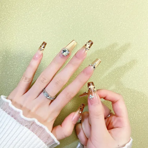 Uñas Postizas Press On con Estampado de Leopardo Champaña Ojo de Gato Strass Uñas Postizas Largas de Ataúd Uñas Acrílicas de Lujo para Mujer Manicura de Fiesta