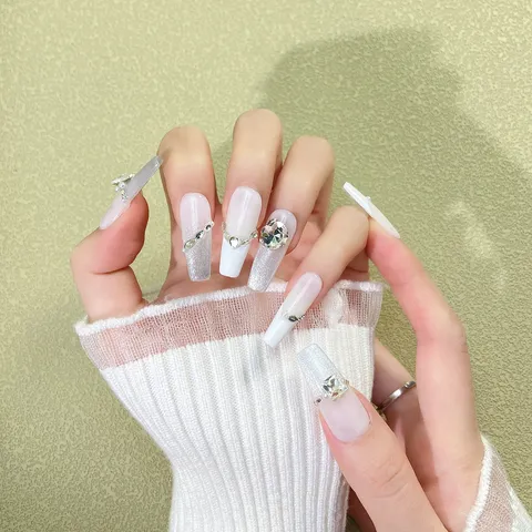 Faux Ongles Press On Fait Main Strass Dégradé Transparent Blanc Luxe Œil de Chat avec Kit d'Outils pour Femme Nail Art