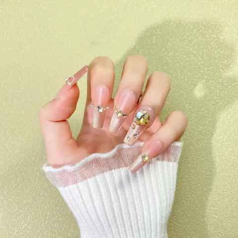 Uñas Postizas Autoadhesivas Hechas a Mano Aúd Longo Ojo de Gato Degradado Con Strass Cadena de Metal Lujo Arte de Uñas