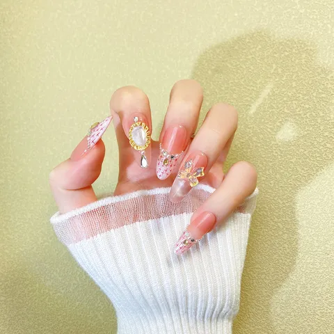 Uñas Postizas Hechas a Mano Lujo Ojo de Gato Cuadros Rosas Estrás Lazo Uñas Falsas Largas Ovaladas Coffin Stiletto Kit de Arte de Uñas Acrílicas Para Mujeres