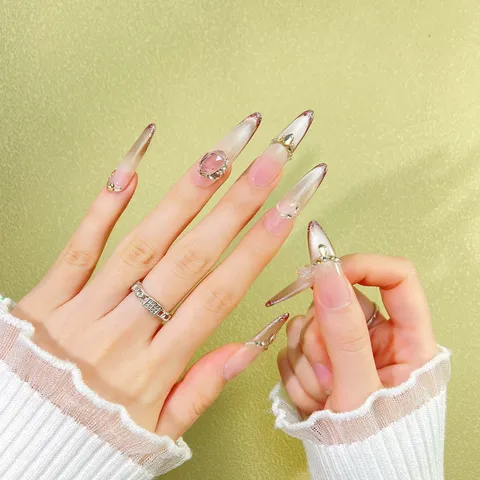 Uñas Postizas Hechas a Mano Largo Degradado Rosa Nude Ojo de Gato Strass Uñas Postizas Set de Arte de Uñas de Lujo Para Mujeres